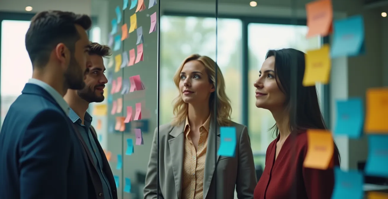 Cross-functional team collaborating on workflow visualization board