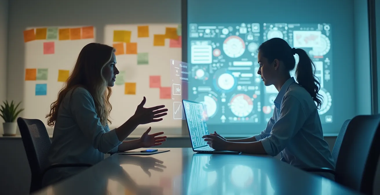 Visual metaphor of dual organizational capabilities balancing innovation and optimization