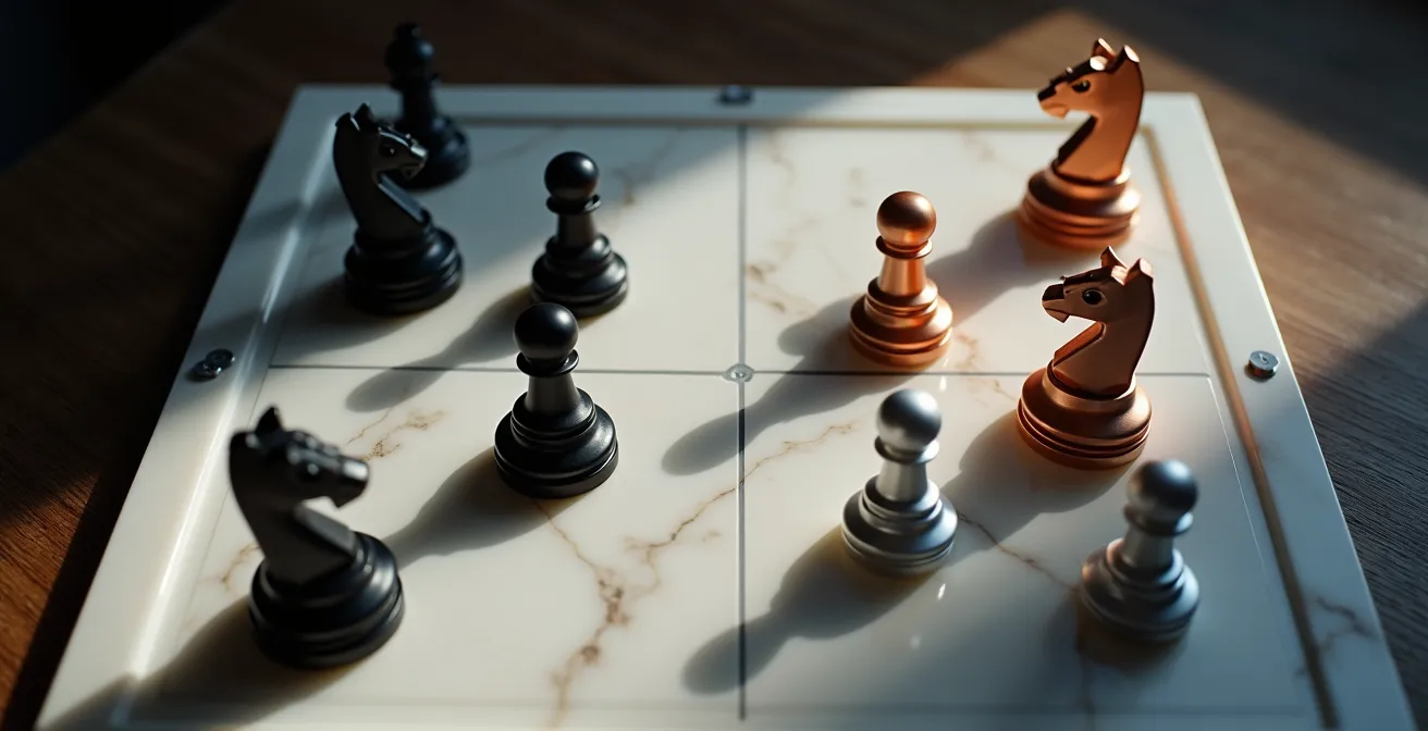 Symbolic chess game showing strategic competitive moves with one player using unconventional pieces