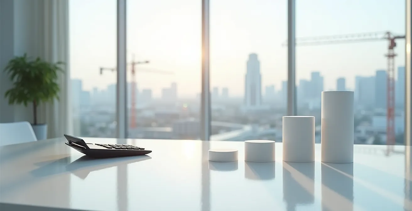 Financial planning workspace with calculator and abstract financial charts