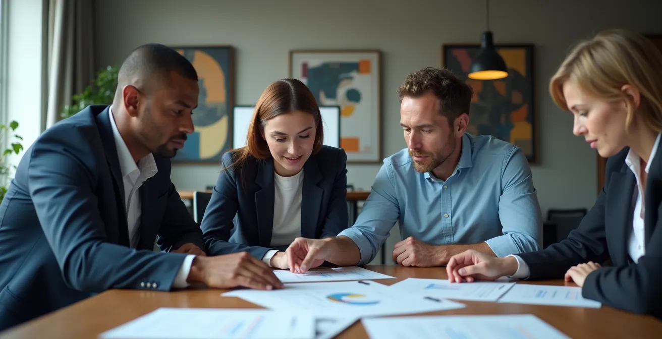 Professional business team reviewing documents and digital screens showing compliance verification workflow