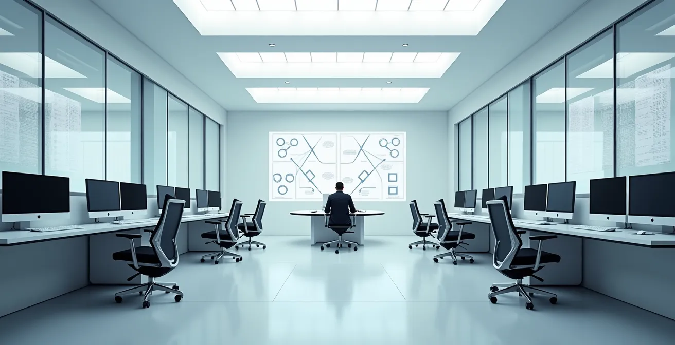 Wide shot of modern control room with multiple monitoring stations and data visualization screens