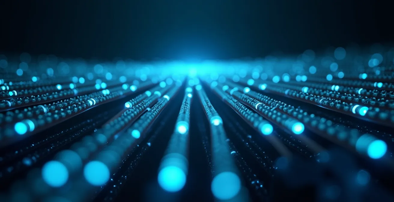 Abstract representation of multiple customer pathways converging through various touchpoints shown as illuminated fiber optic cables
