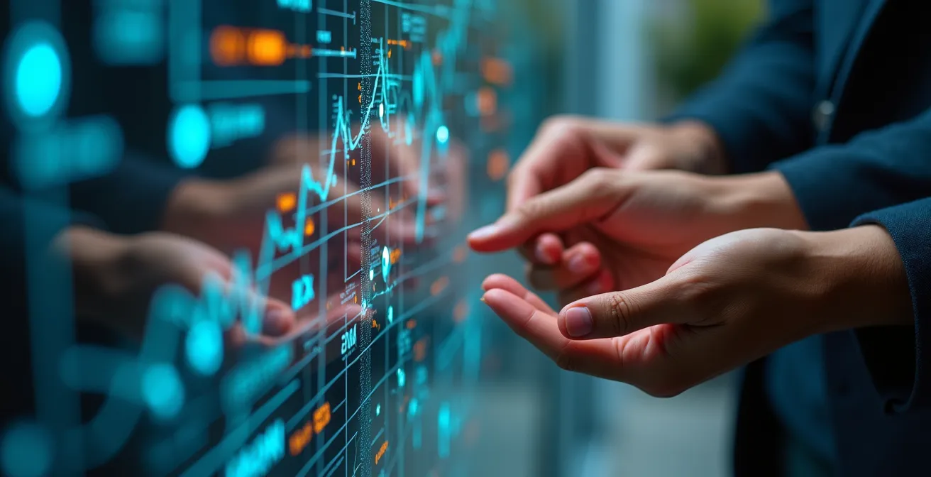 Close-up of hands analyzing workforce patterns on abstract visualization