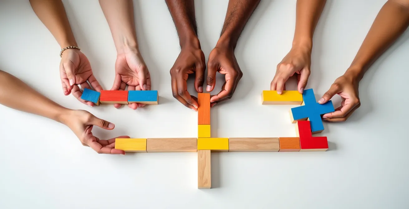 Hands of different ethnicities arranging colorful geometric shapes on a white surface