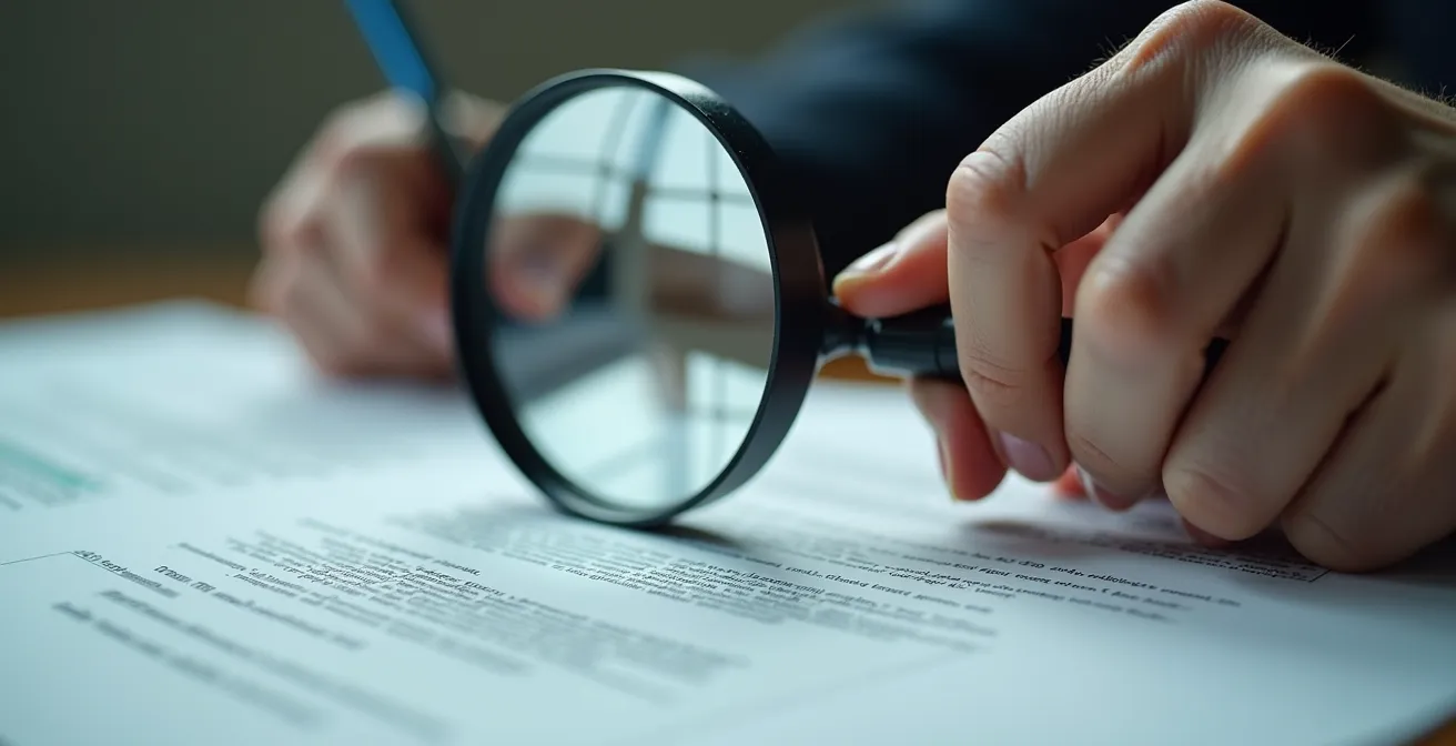 Extreme close-up of hands examining financial documents with magnifying glass showing attention to detail