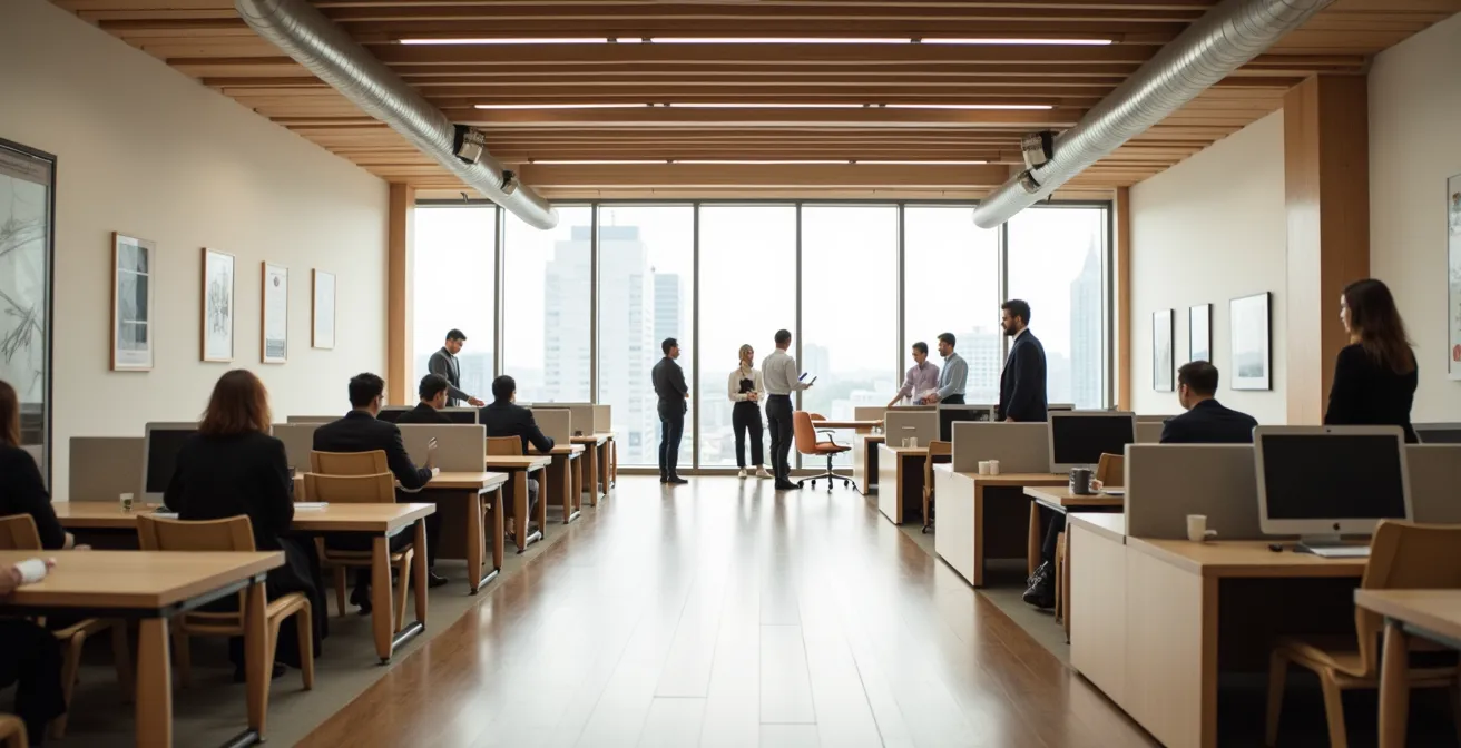A wide-angle shot of a modern office blending Japanese minimalist design with Western-style collaborative zones, illustrating different cultural work styles.