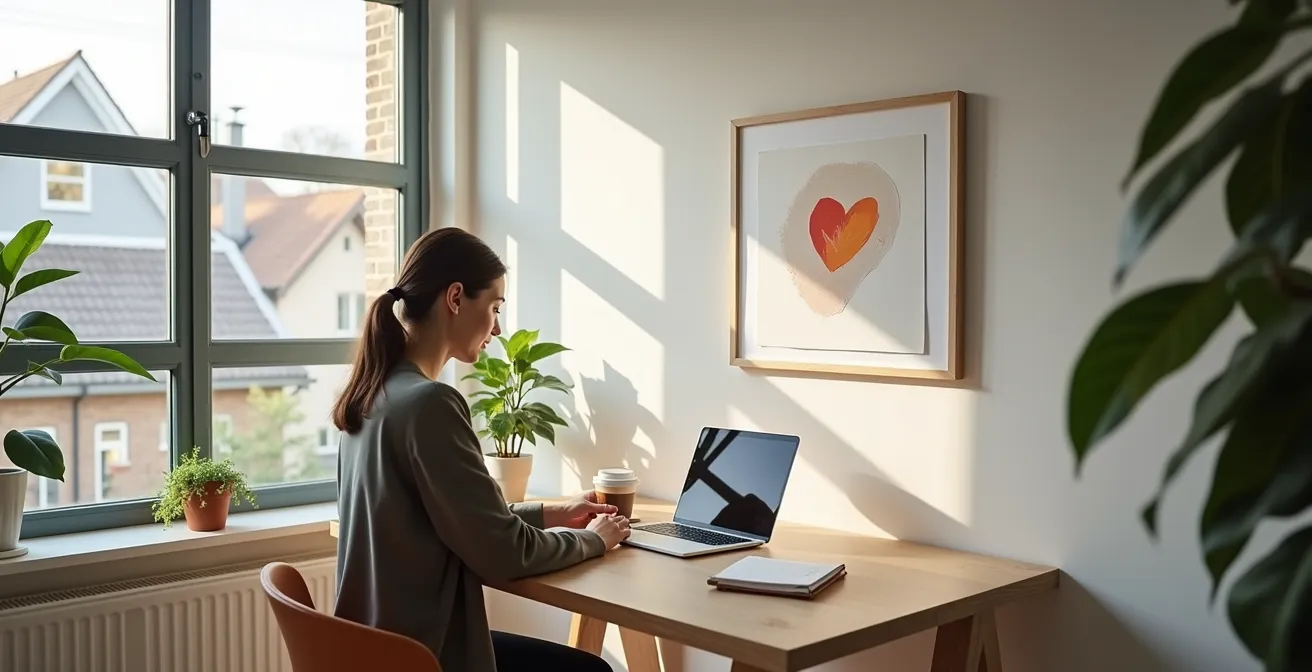 Parent working from a home office with natural lighting and an organized workspace, embodying a flexible work policy.