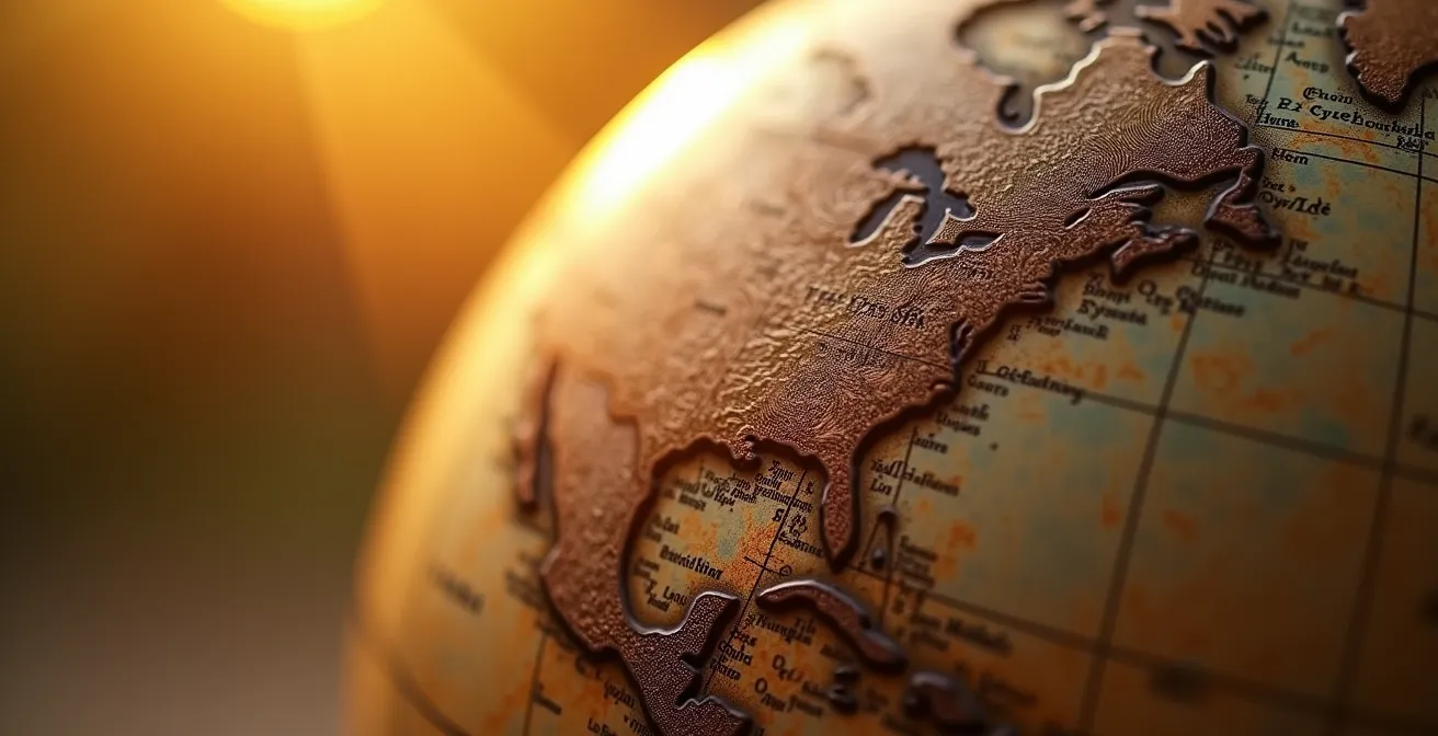 World map with illuminated time zones showing synchronized communication waves