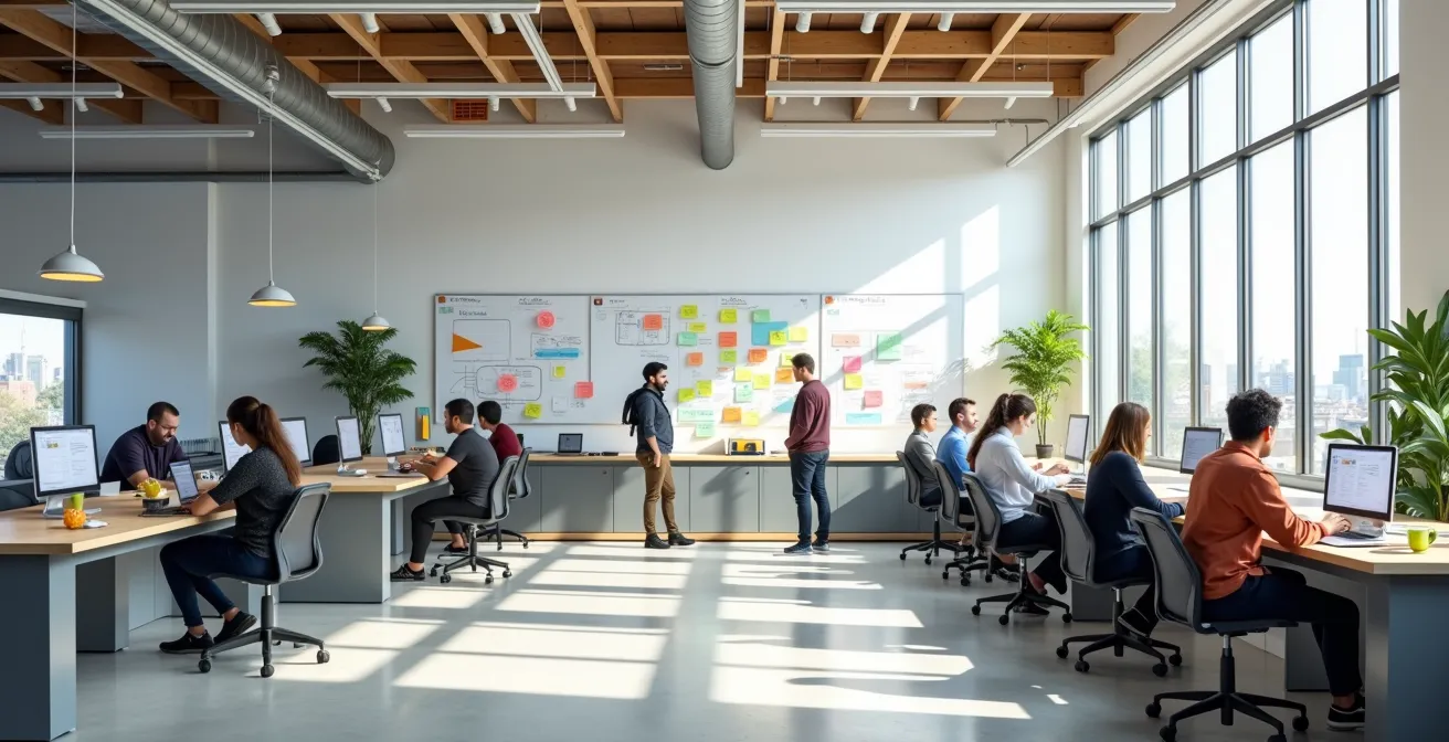 Modern innovation lab with teams working on prototypes in an open collaborative environment