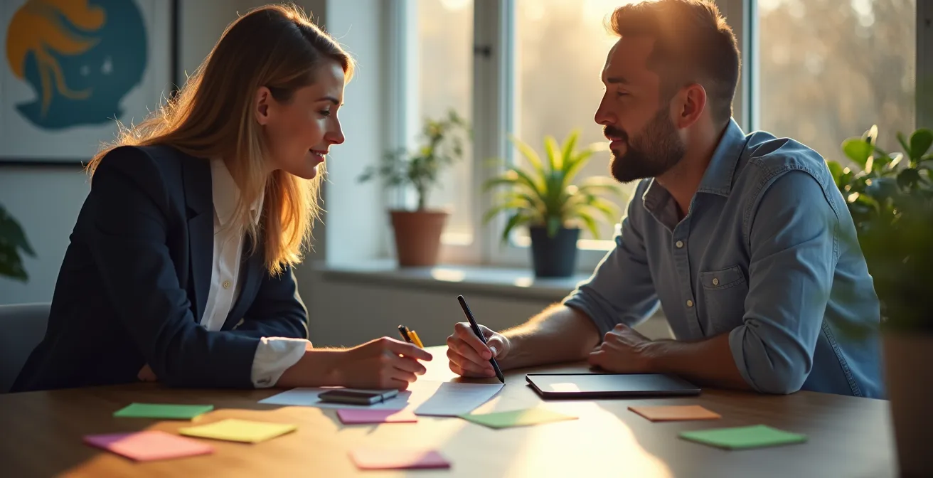 Professional conducting deep customer interviews to uncover unmet needs using Jobs To Be Done methodology