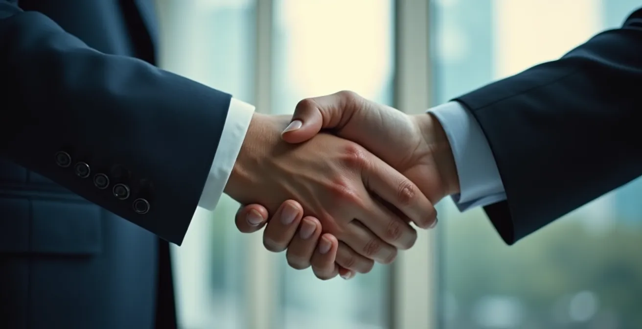 Business executives from different cultures shaking hands over partnership agreement