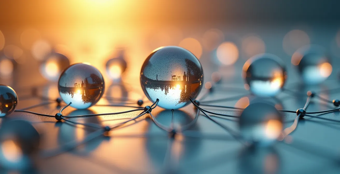 Macro shot of interconnected glass spheres representing professional networks