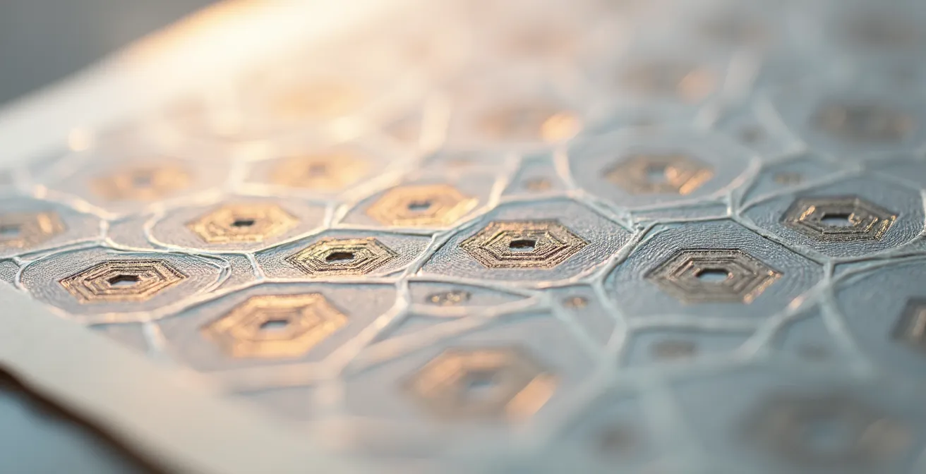 Extreme close-up of premium paper texture with embossed security patterns