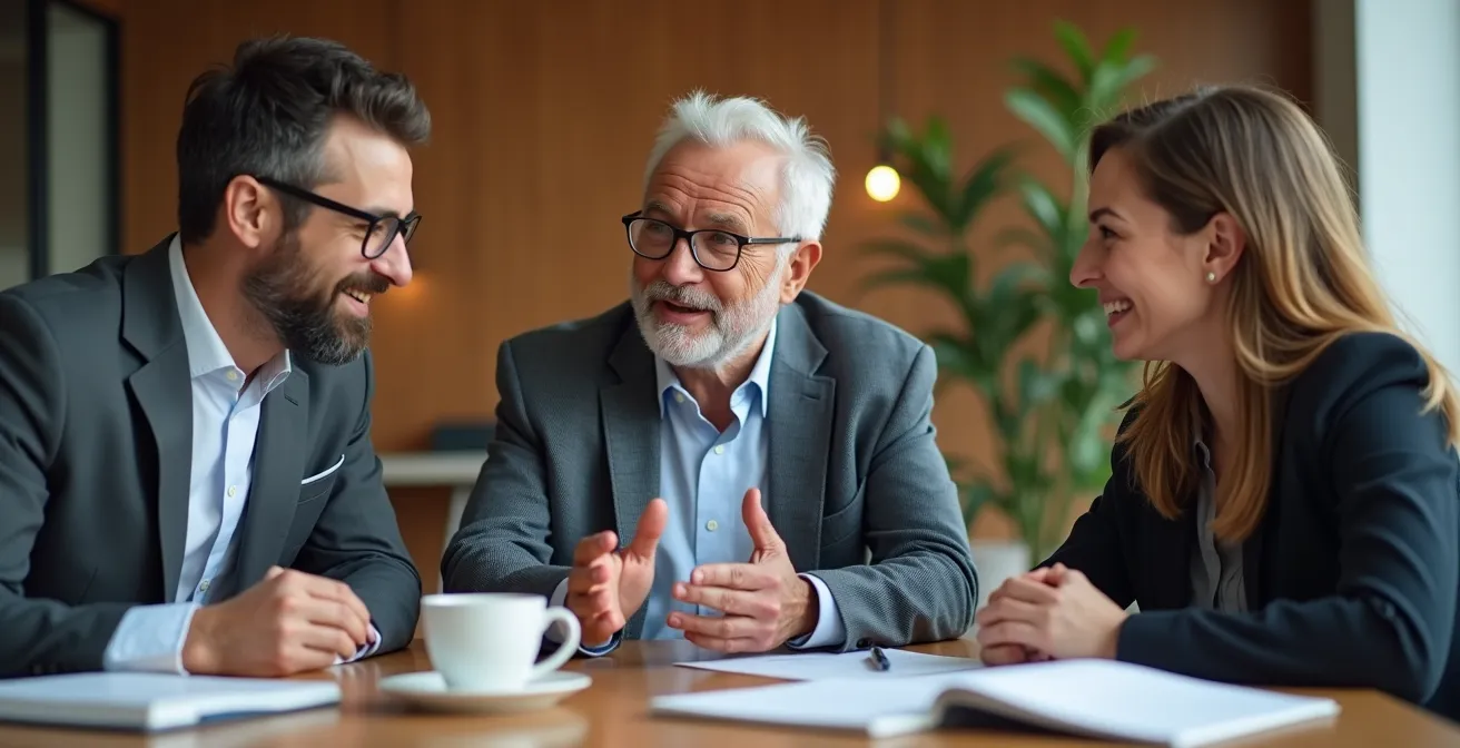 Diverse professionals in small group mentoring session with collaborative workspace