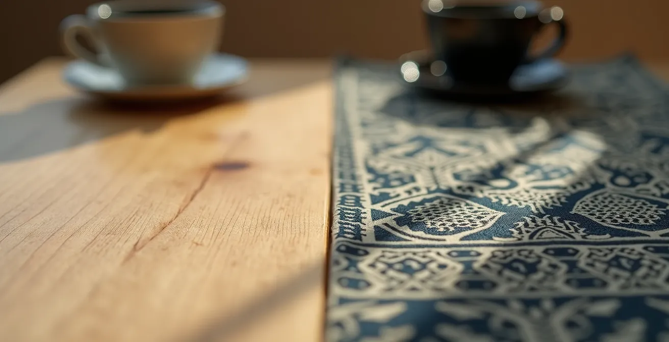 A macro shot showing the textural contrast between a smooth Scandinavian wood surface and an intricate Middle Eastern textile, symbolizing different negotiation styles.