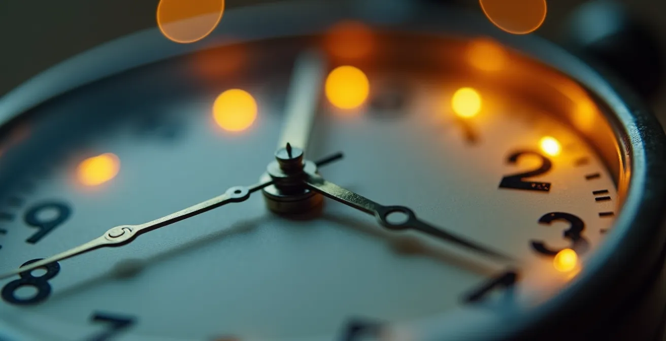 Macro shot of analog clock showing overtime hours transition