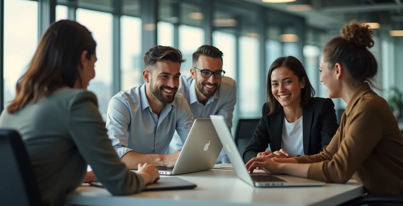 Sales team working with both competitive and collaborative elements visualized through spatial arrangement