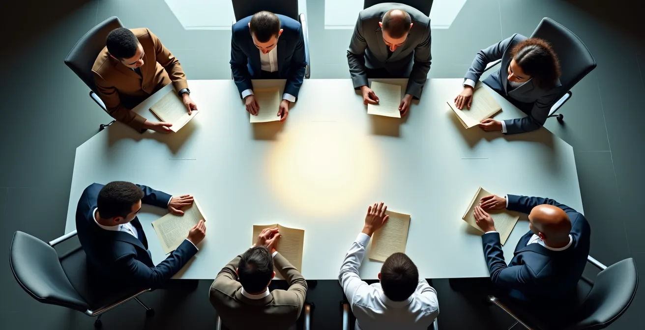 Executives reading documents silently in a modern conference room with equal focus and engagement