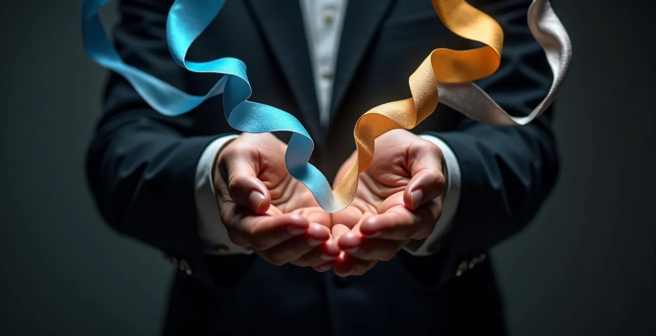 Business professional orchestrating multiple communication streams into a central control panel