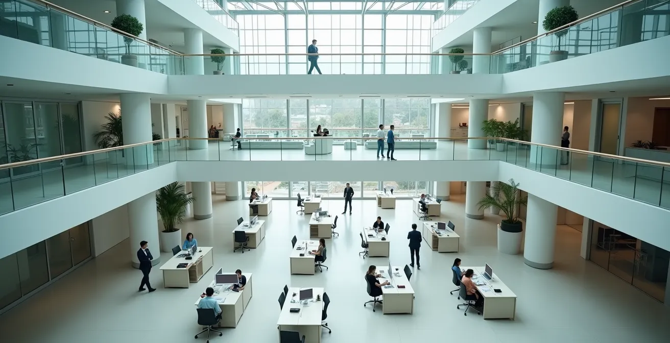 Wide aerial view of interconnected office spaces showing skill development pathways