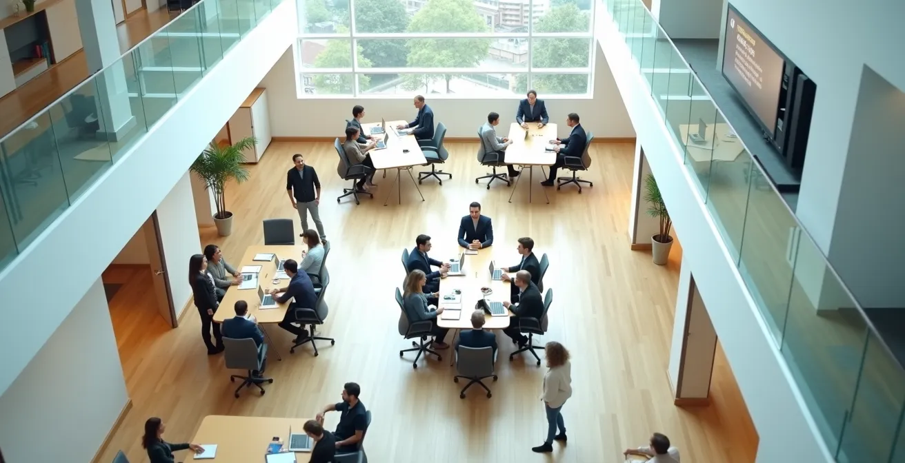 Bird's eye view of busy startup office during investor meeting week