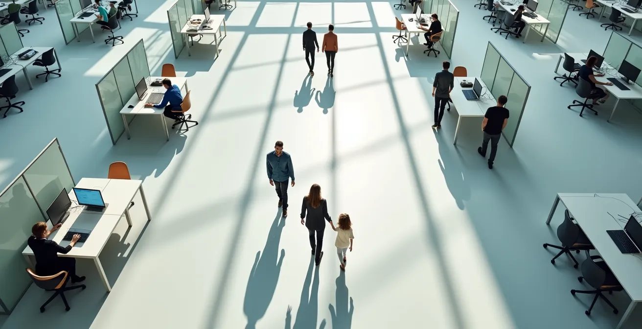 Overhead view of office departments separated by walls with people starting to connect