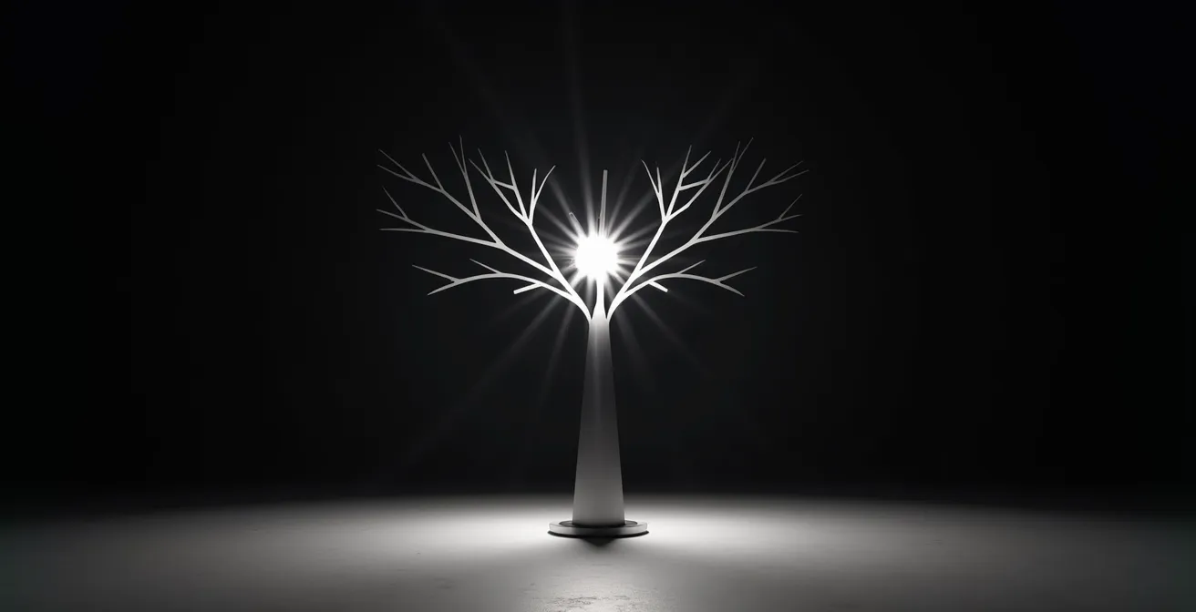 Illuminated tree structure with central bright star and branching metric pathways