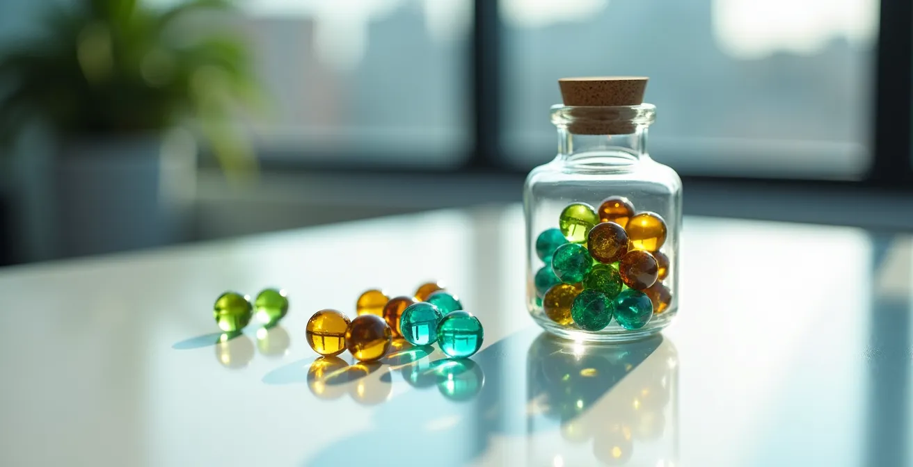 Visual representation of option pool allocation strategy, with marbles symbolizing equity shares inside and outside a glass container.