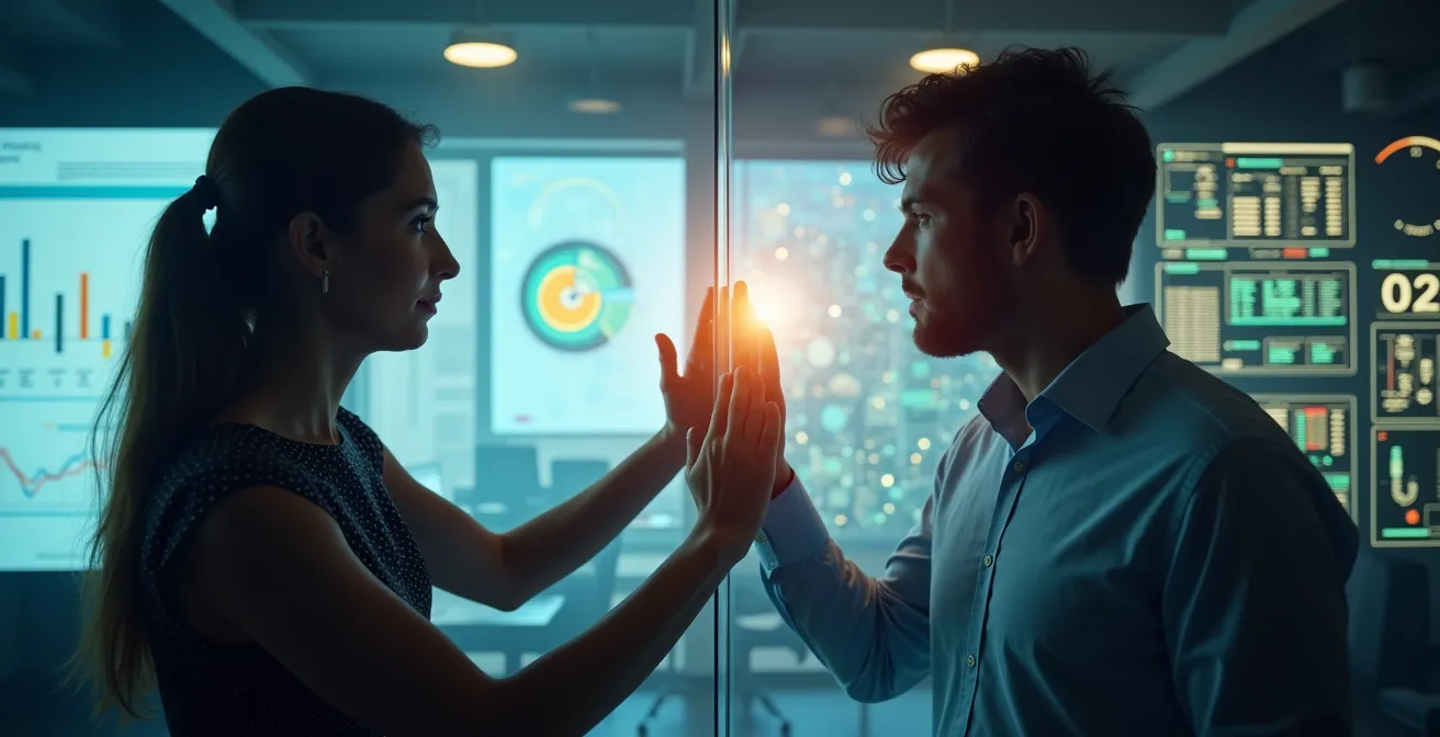 Split-screen composition showing sales and engineering professionals sharing knowledge