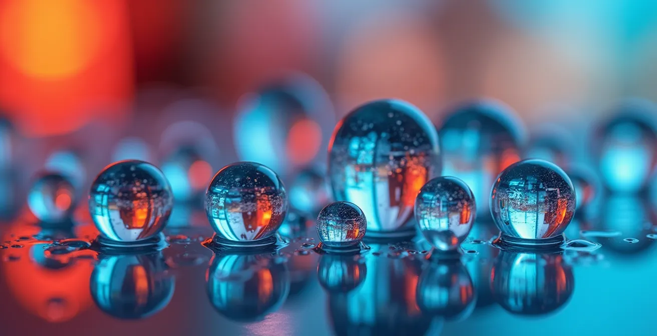 Visual metaphor showing equity dilution with water droplets of varying sizes on a glass surface.